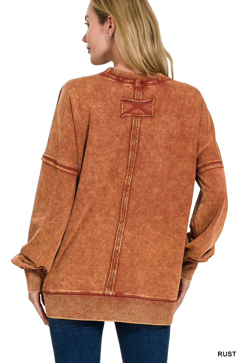 ACID WASH RAW EDGE FRONT POCKET PULLOVER