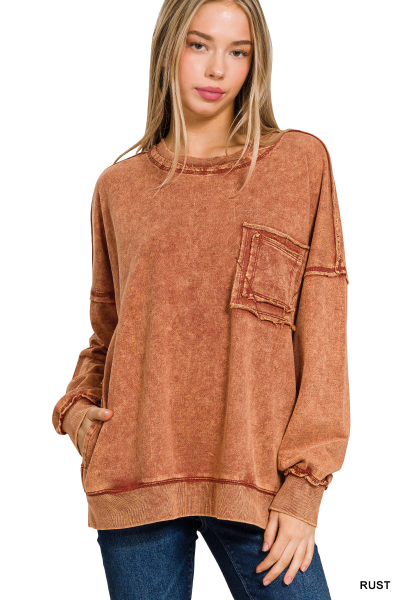 ACID WASH RAW EDGE FRONT POCKET PULLOVER