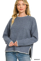 WOOL BLEND STITCH DETAILED HI-LOW SWEATER
