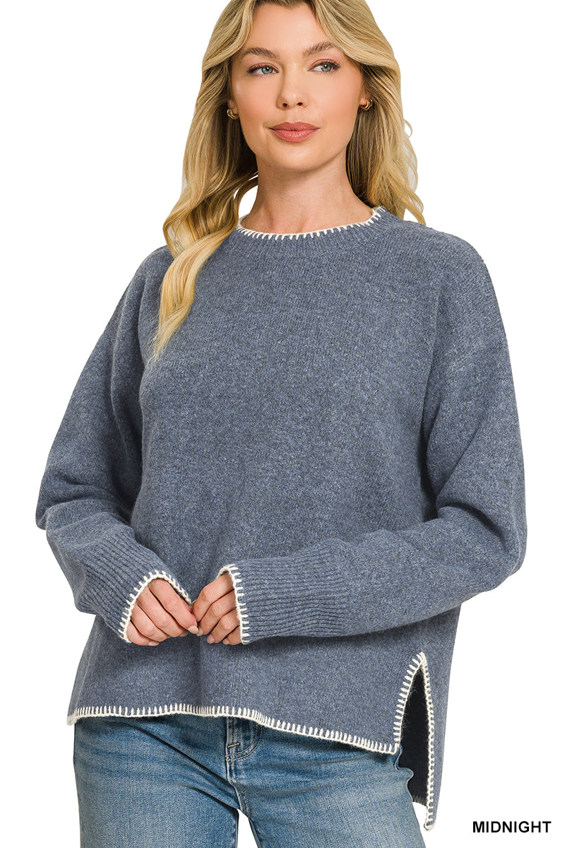 WOOL BLEND STITCH DETAILED HI-LOW SWEATER