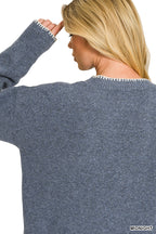 WOOL BLEND STITCH DETAILED HI-LOW SWEATER