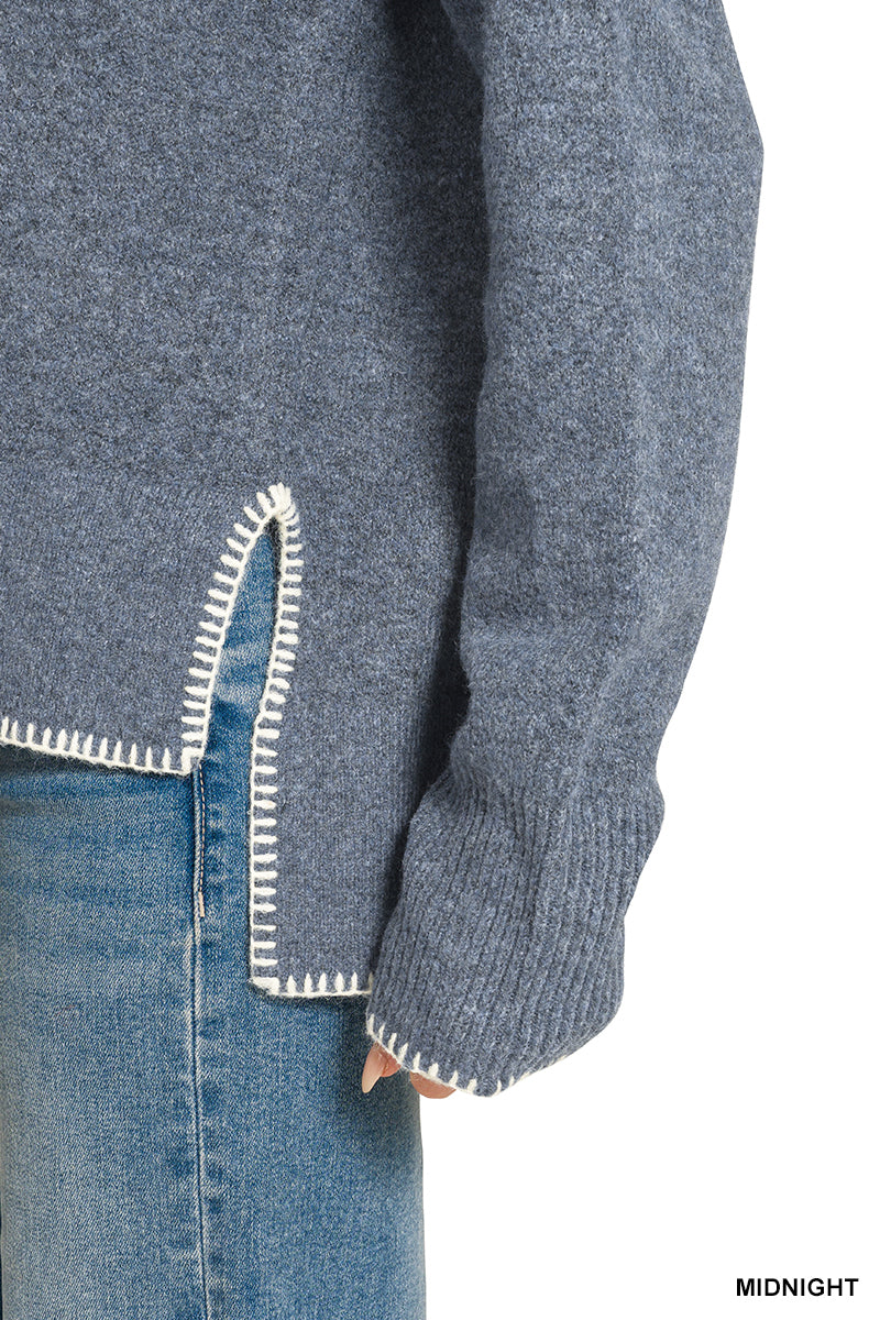 WOOL BLEND STITCH DETAILED HI-LOW SWEATER