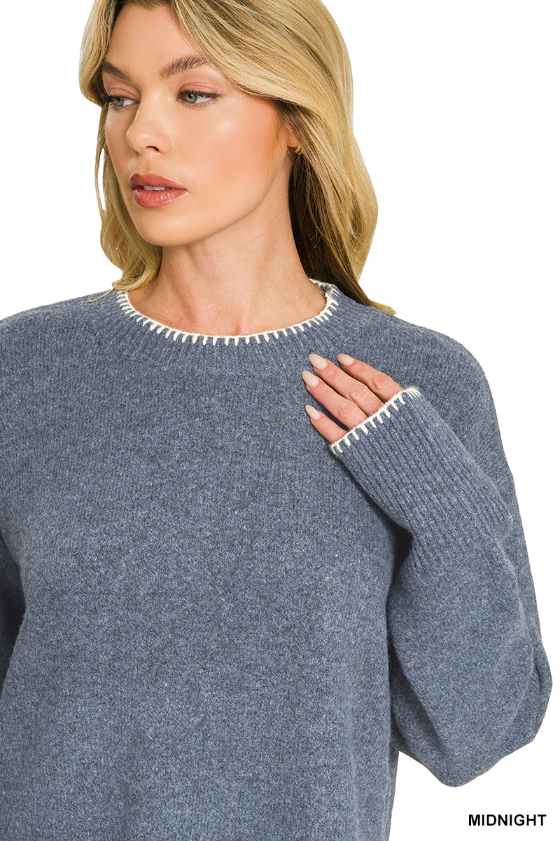 WOOL BLEND STITCH DETAILED HI-LOW SWEATER