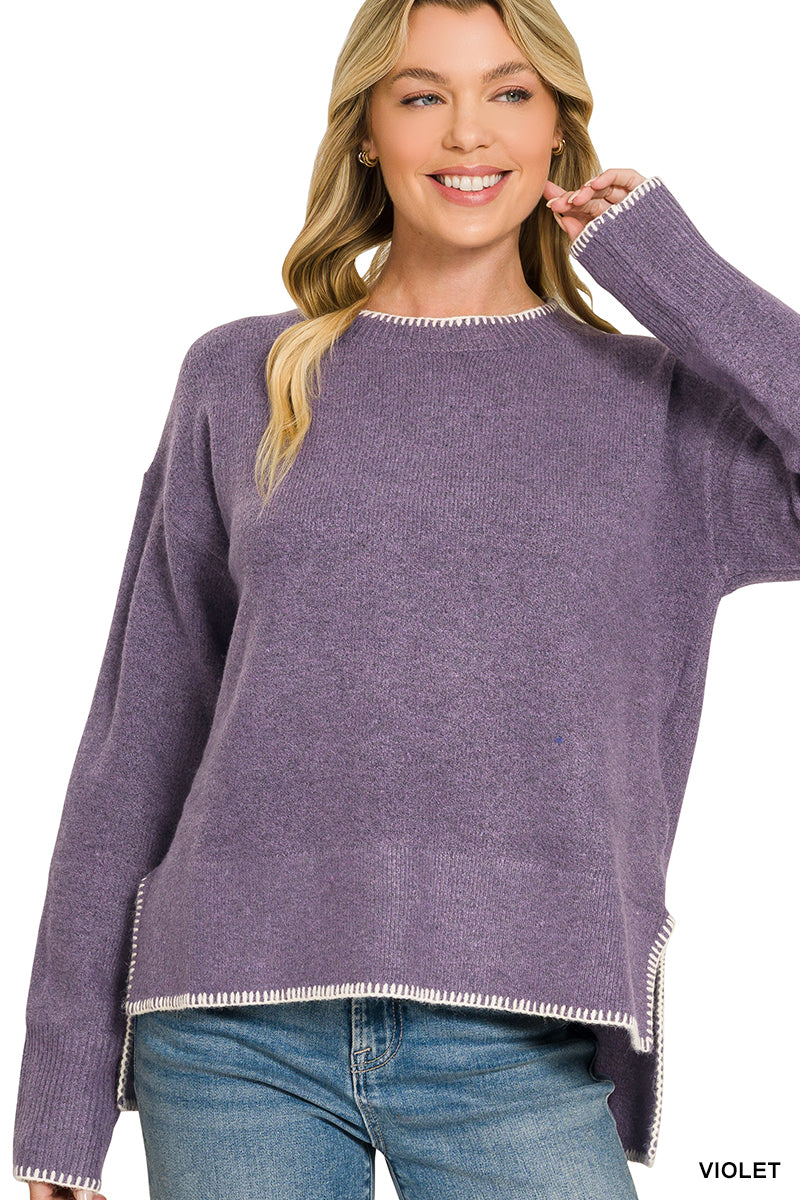 WOOL BLEND STITCH DETAILED HI-LOW SWEATER