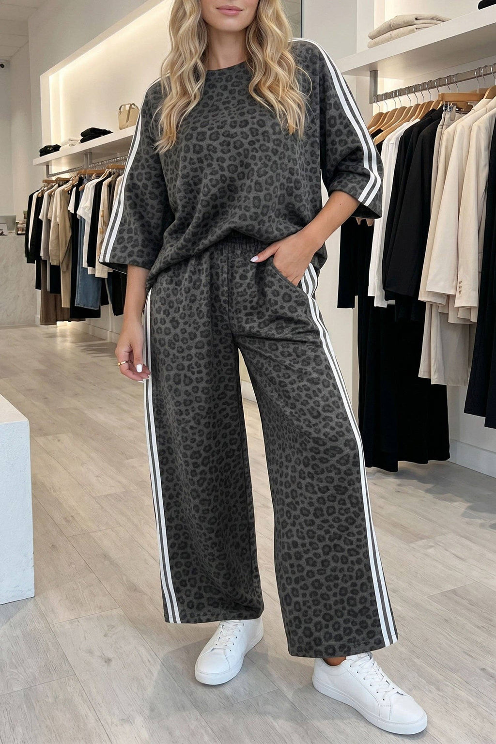 LEOPARD VARSITY STRIPE PANT SET