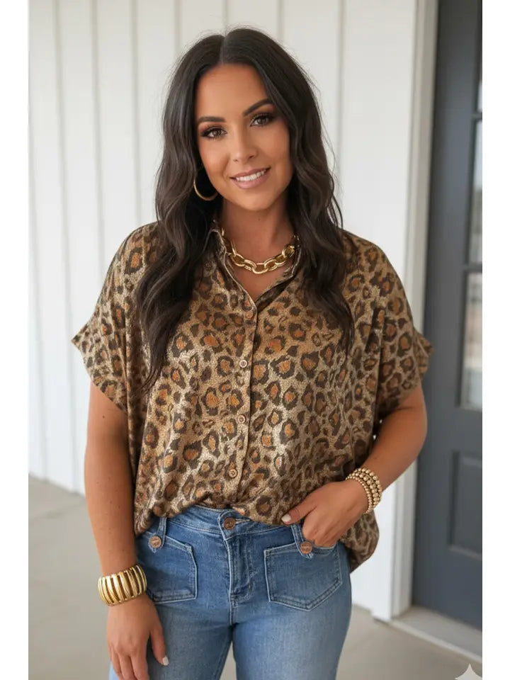 METALLIC LEOPARD SHORT SLEEVE TOP