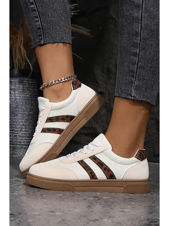 TEXTURED WOVEN LEOPARD PATCHWORK FLAT SNEAKERS