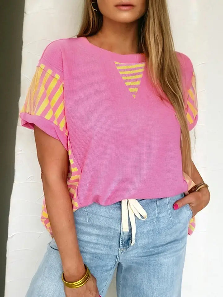 PINK WAFFLE CONTRAST LOOSE FIT TOP