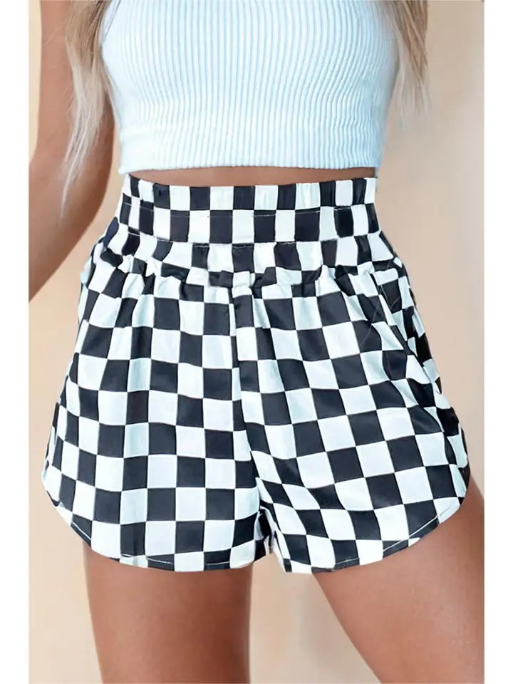 CHECKERED PRINT HIGH WAIST CASUAL SHORTS