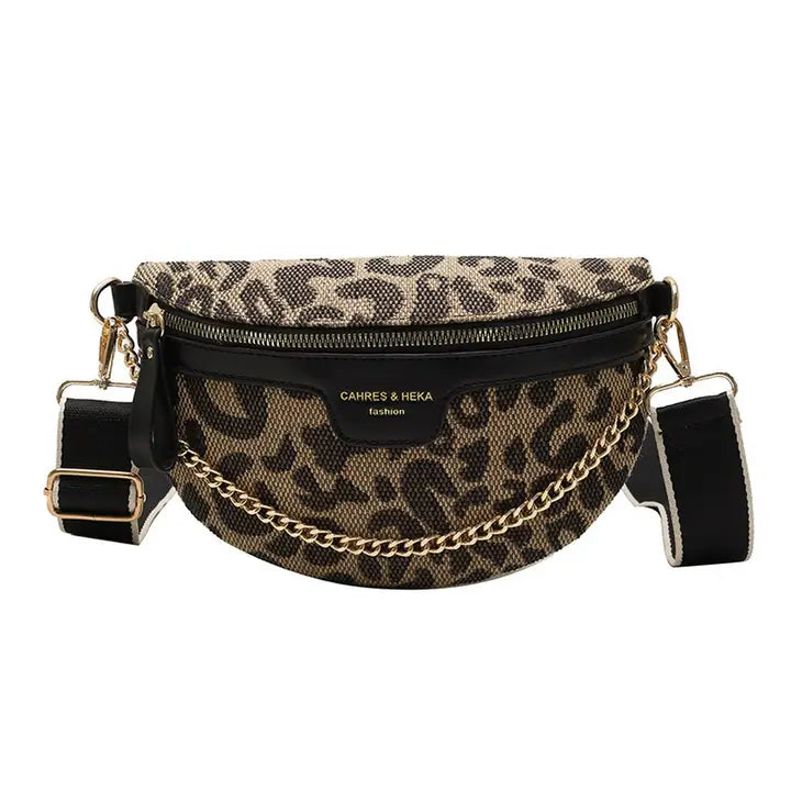 LEOPARD PRINT BLACK CHAIN STRAP FANNY PACK BELT BAG