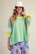 3/4 SLEEEVE STRIPED MIX PRINT WASHED TOP