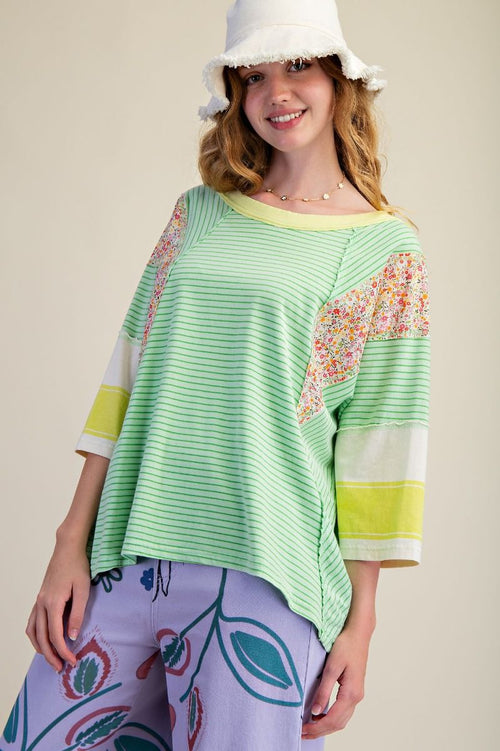 3/4 SLEEEVE STRIPED MIX PRINT WASHED TOP