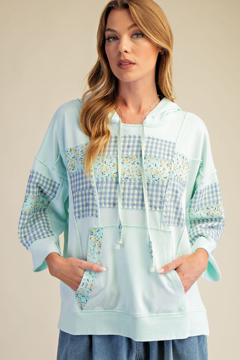 3/4 SLEEVE PRINT MIX MINERAL WASHED HOODIE PULLOVER