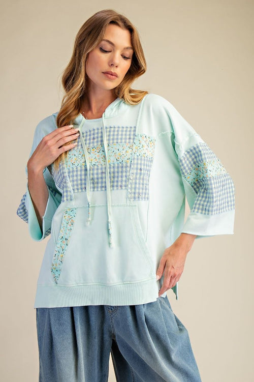 3/4 SLEEVE PRINT MIX MINERAL WASHED HOODIE PULLOVER