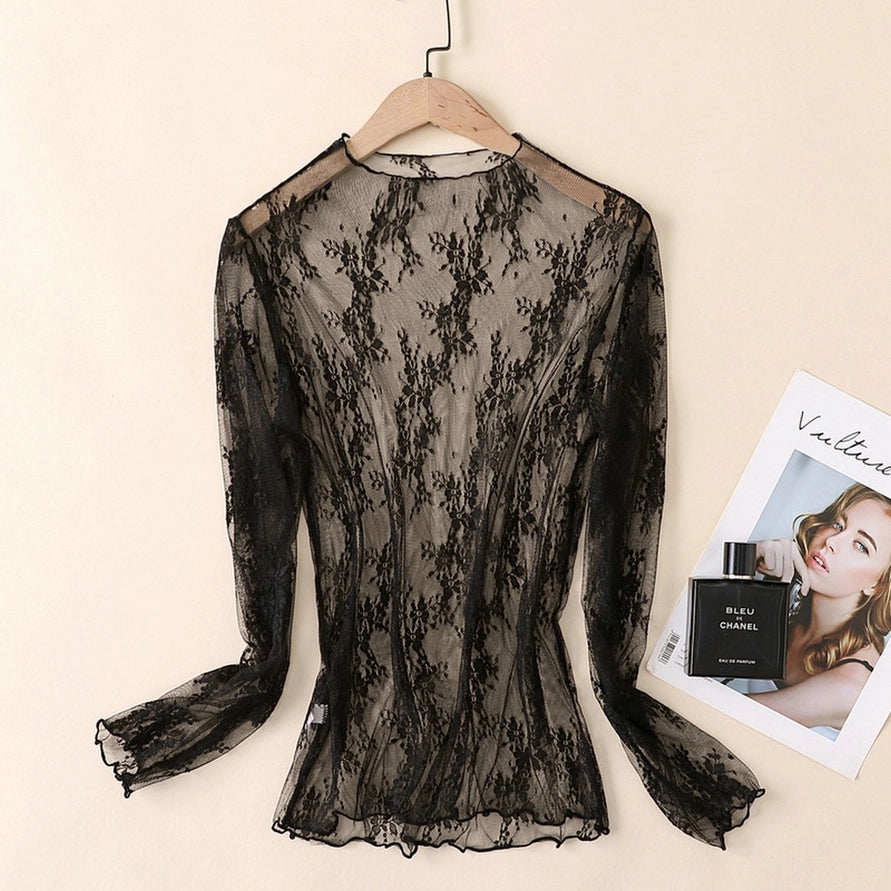 BLACK LACE MESH LONGSLEEVE TOP