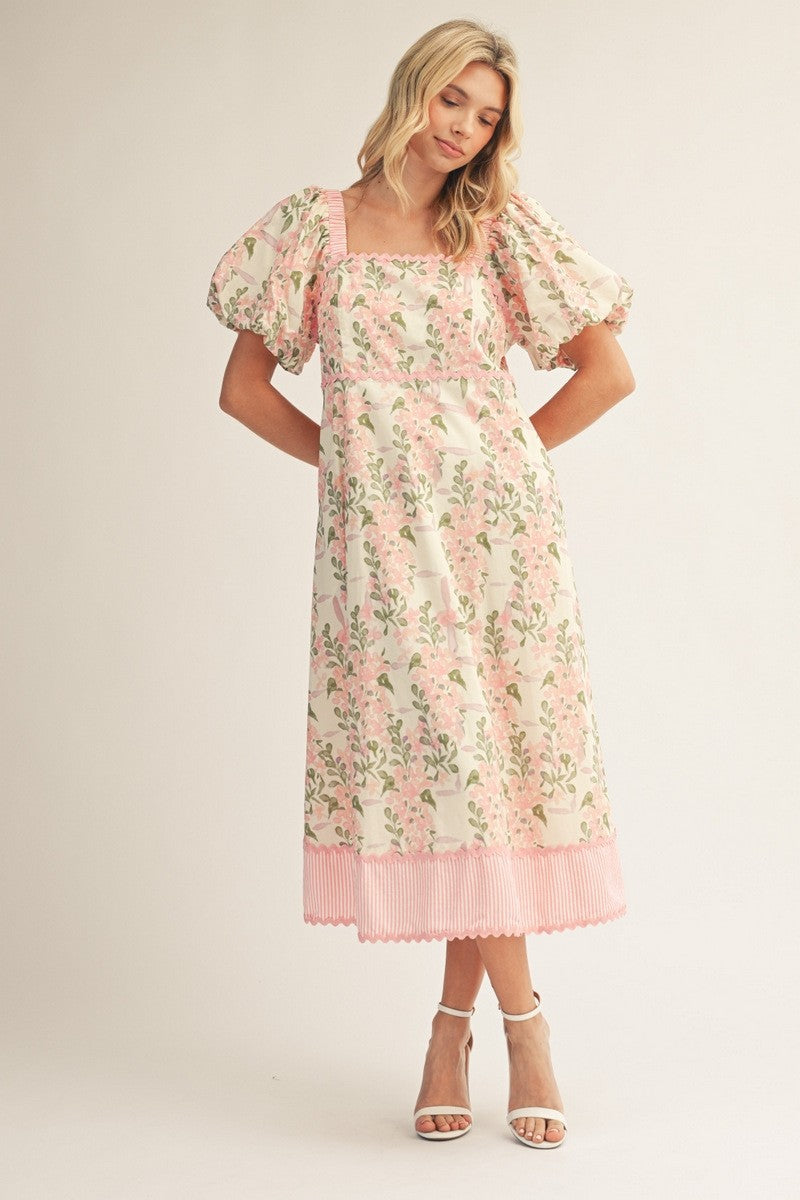 PUFF SLEEVES FLORAL MIDI DRESS
