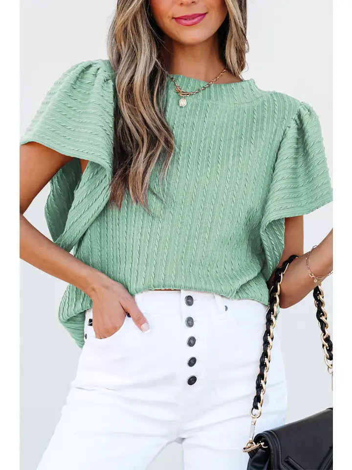 SOILD TEXTURED RUFFFLE SHORT SLEEEVE TOP