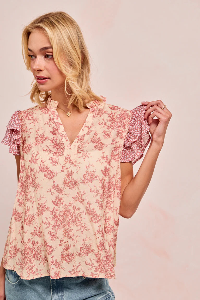 PRINTED WOVEN MIX AND MATCH RUFFLED SLEEVES V-NECK TOP