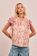 PRINTED WOVEN MIX AND MATCH RUFFLED SLEEVES V-NECK TOP